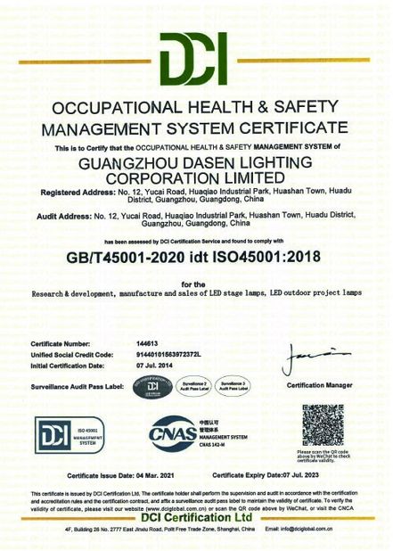 Cina Guangzhou Dasen Lighting Corporation Limited Sertifikasi